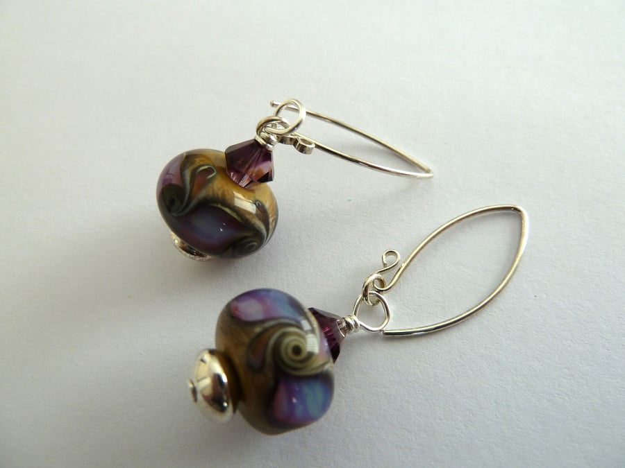 purple swirl lampwork earrings