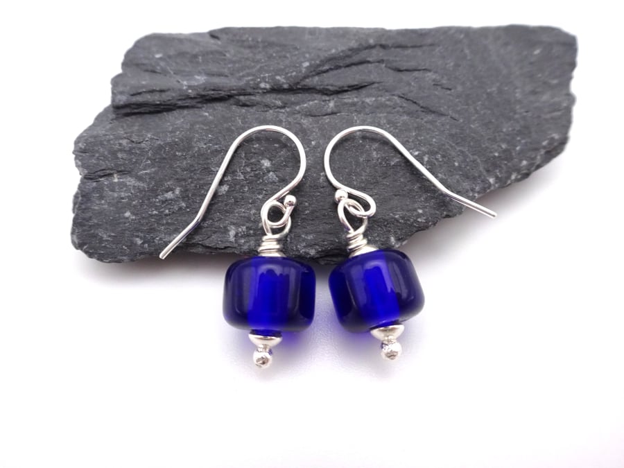 cobalt blue lampwork glass earrings