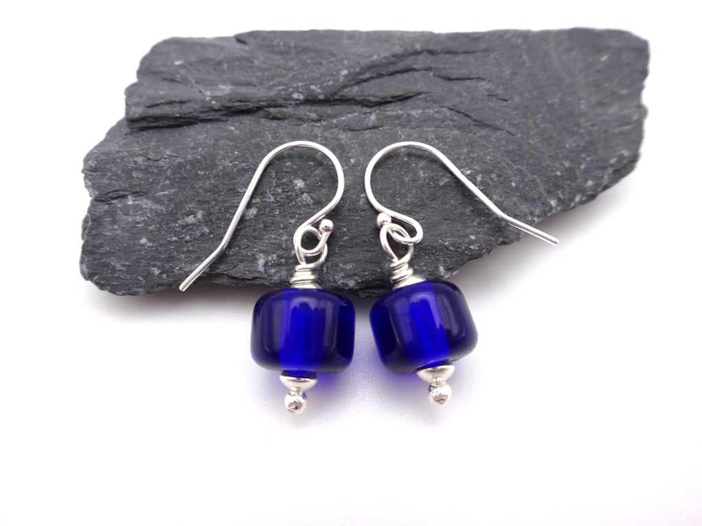 cobalt blue lampwork glass earrings