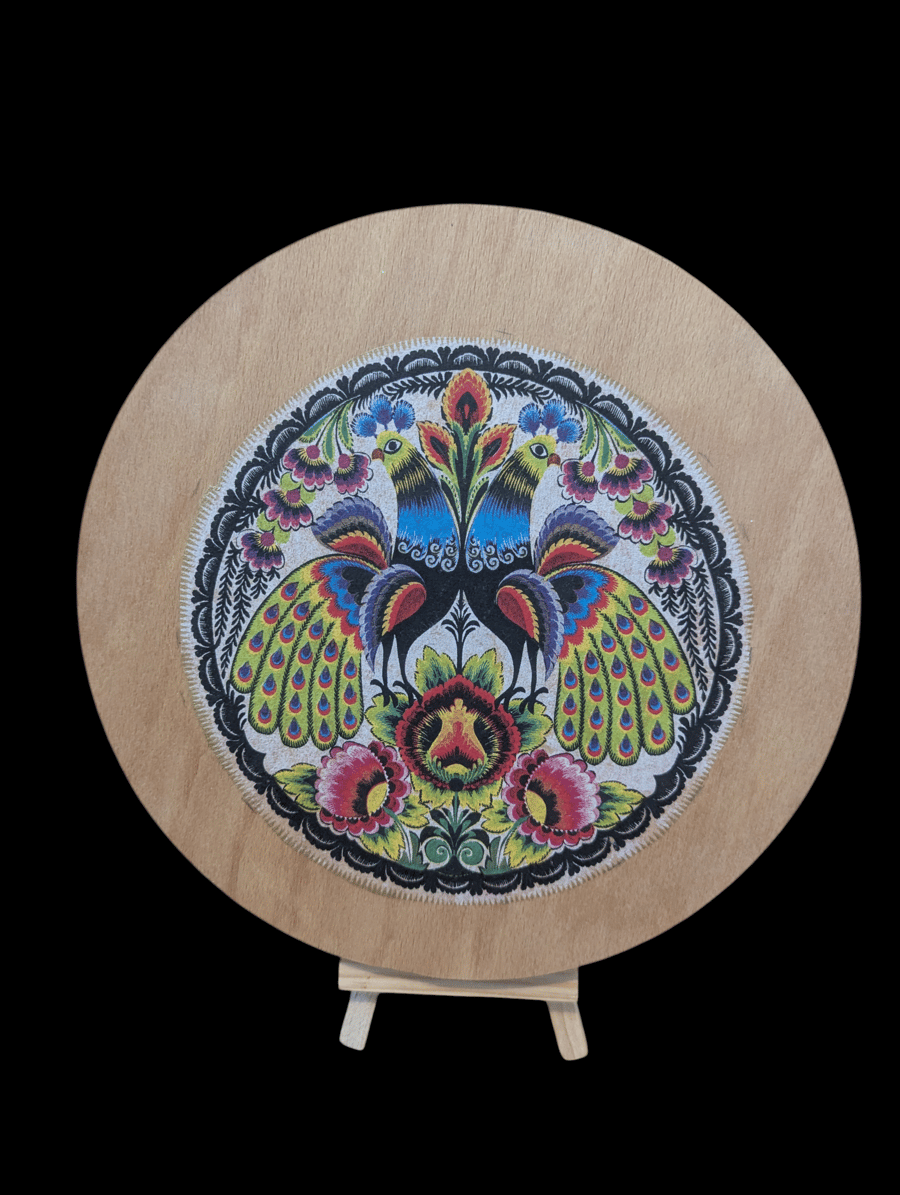 Peacock Decoupage on Pinewood