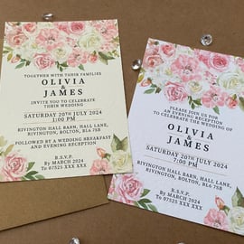 10 pink white ROSES, flowers wedding INVITE cards blush rustic A5 A6 invitations