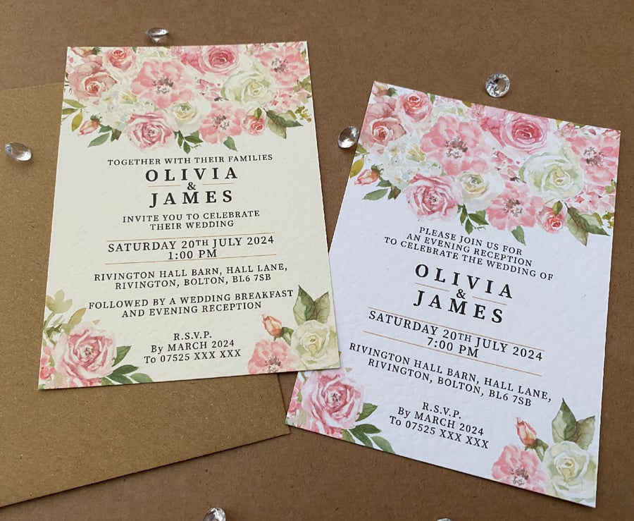 10 pink white ROSES, flowers wedding INVITE cards blush rustic A5 A6 invitations