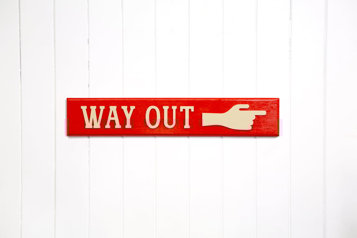 WOODEN TYPOGRAPHIC SIGN: WAY OUT - BEST RED