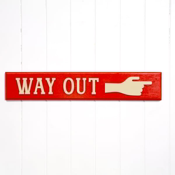 WOODEN TYPOGRAPHIC SIGN: WAY OUT - BEST RED