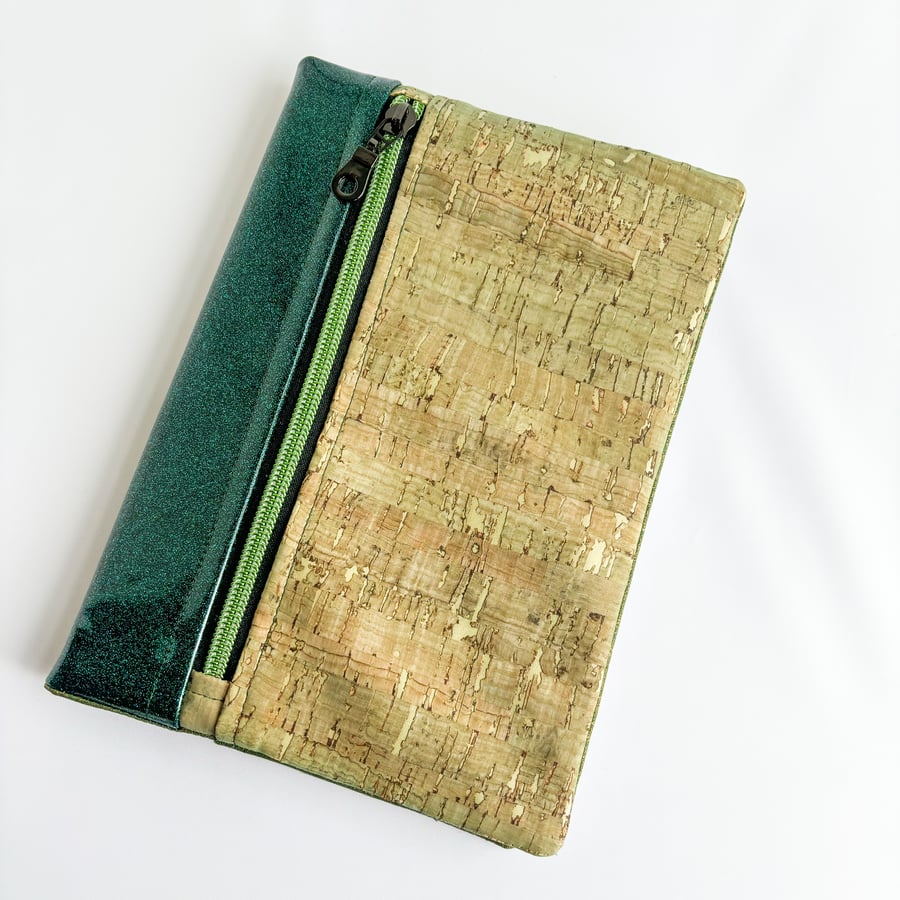 A5 Notebook with a built in pencil case - Green Cork