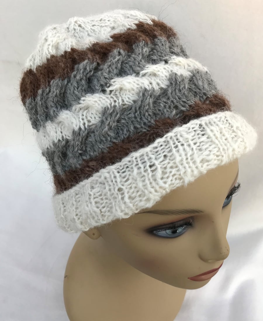 Hand Spun Alpaca Hat in Unusual Cable Pattern