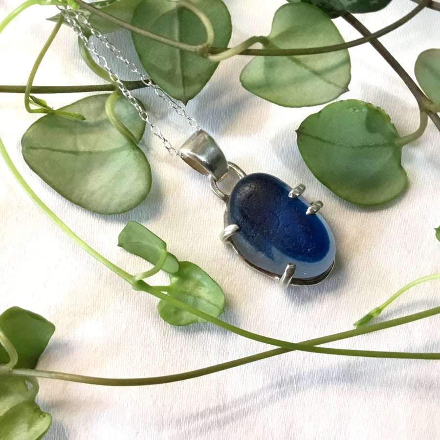 Rare Glowing Cobalt Blue Seaham Sea Glass Sterling Silver Claw Pendant