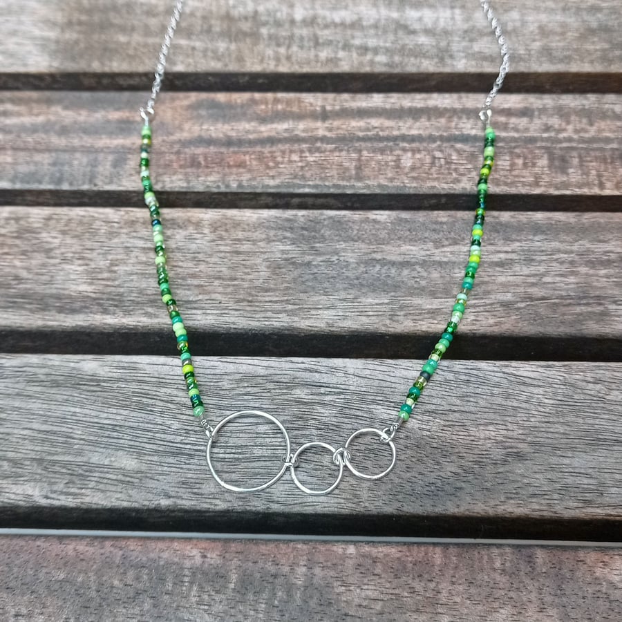 Silver & green bead necklace, silver ring necklace, beaded necklace