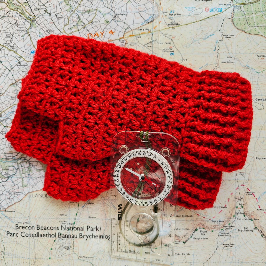 Ruby Red Crochet Fingerless Mitts, Handmade Wrist Warmers