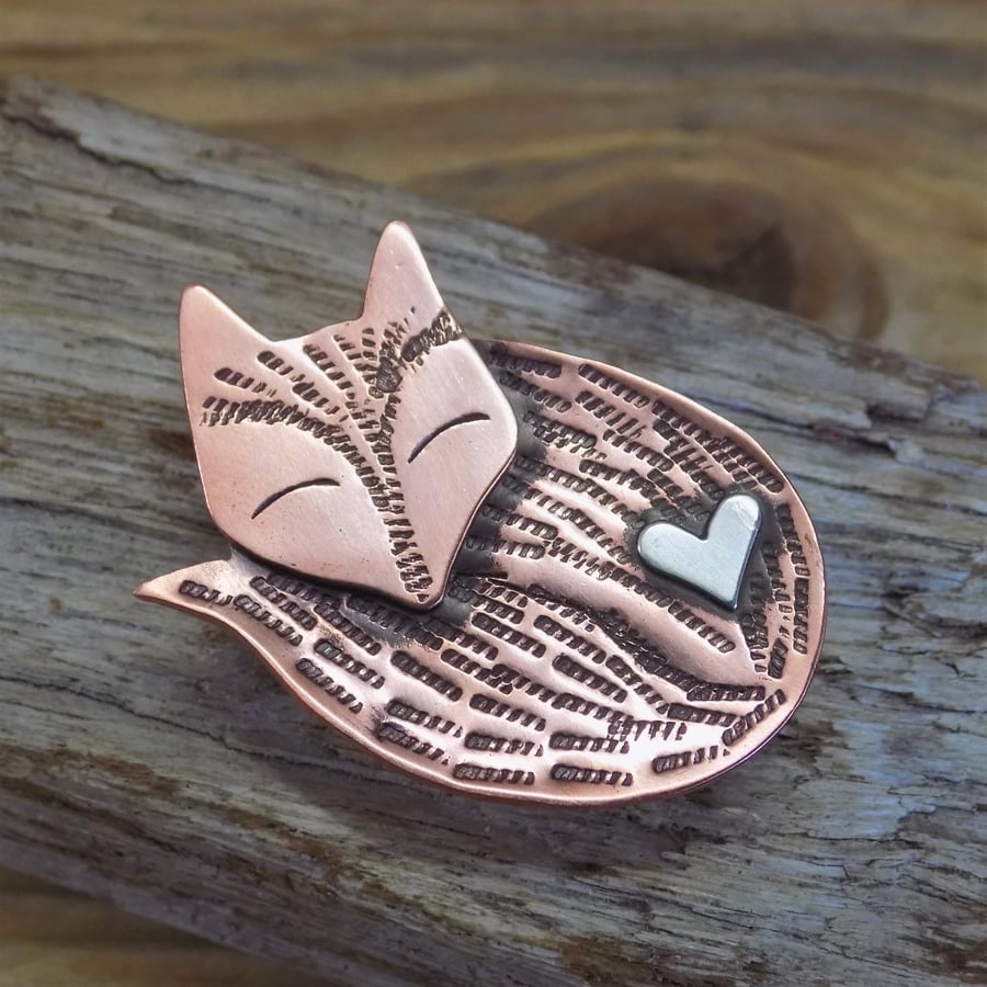 Copper and silver sleeping fox 3d mixed metal brooch 