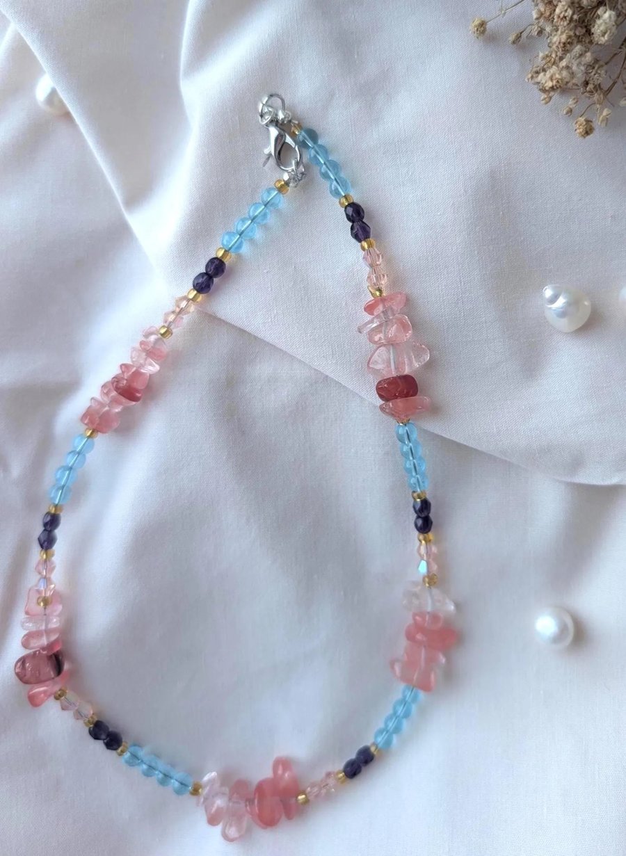 Blue Glass, Cherry Quartz & Crystal Beaded Necklace - Handmade Jewellery