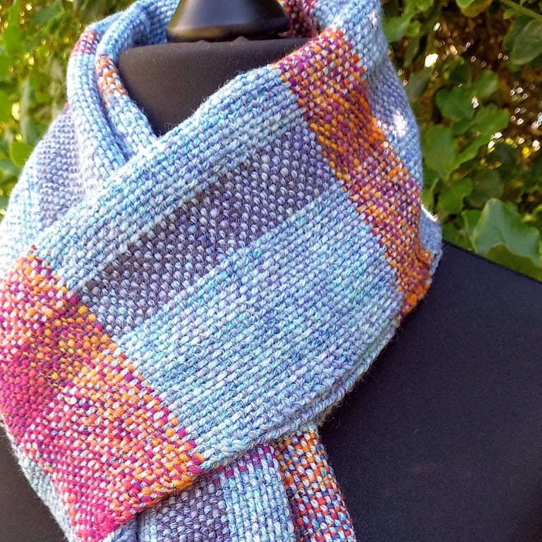 Handwoven Wool & Silk Scarf in Cornflower Blue, Grey & Purple