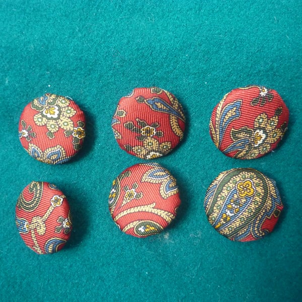 6 Silk Buttons Ruby Red Paisley Pattern 25mm 1ins Handmade Upcycled