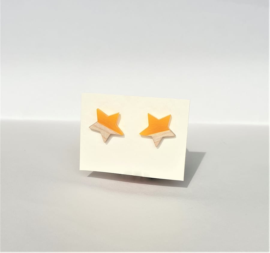 Light Wood And Yellow Resin Sterling Silver Star Shaped Stud Earrings