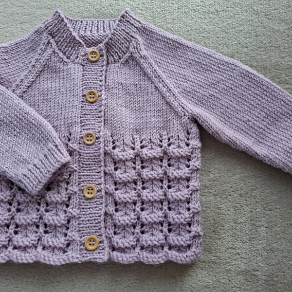 Baby girls cardigan to fit approx 6-12 months hand-knitted in lilac baby yarn 
