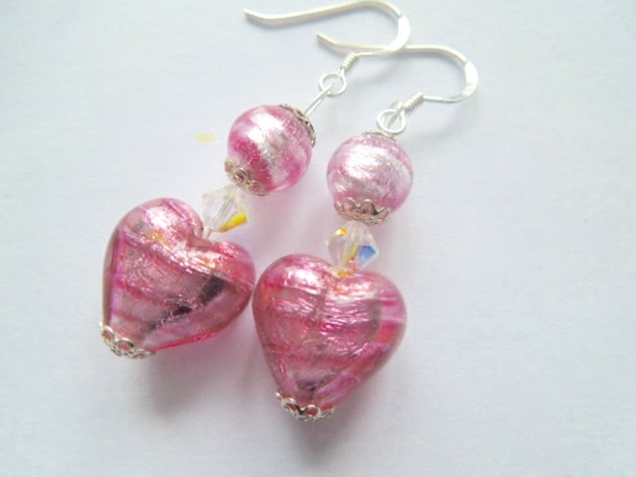 Murano glass pink and silver heart earrings with Swarovski crystal.