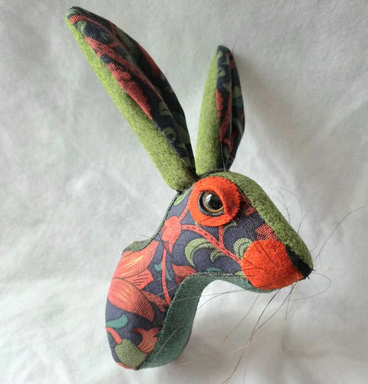 Faux hare head wall mount in William Morris fabric
