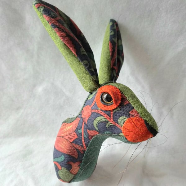 Faux hare head wall mount in William Morris fabric