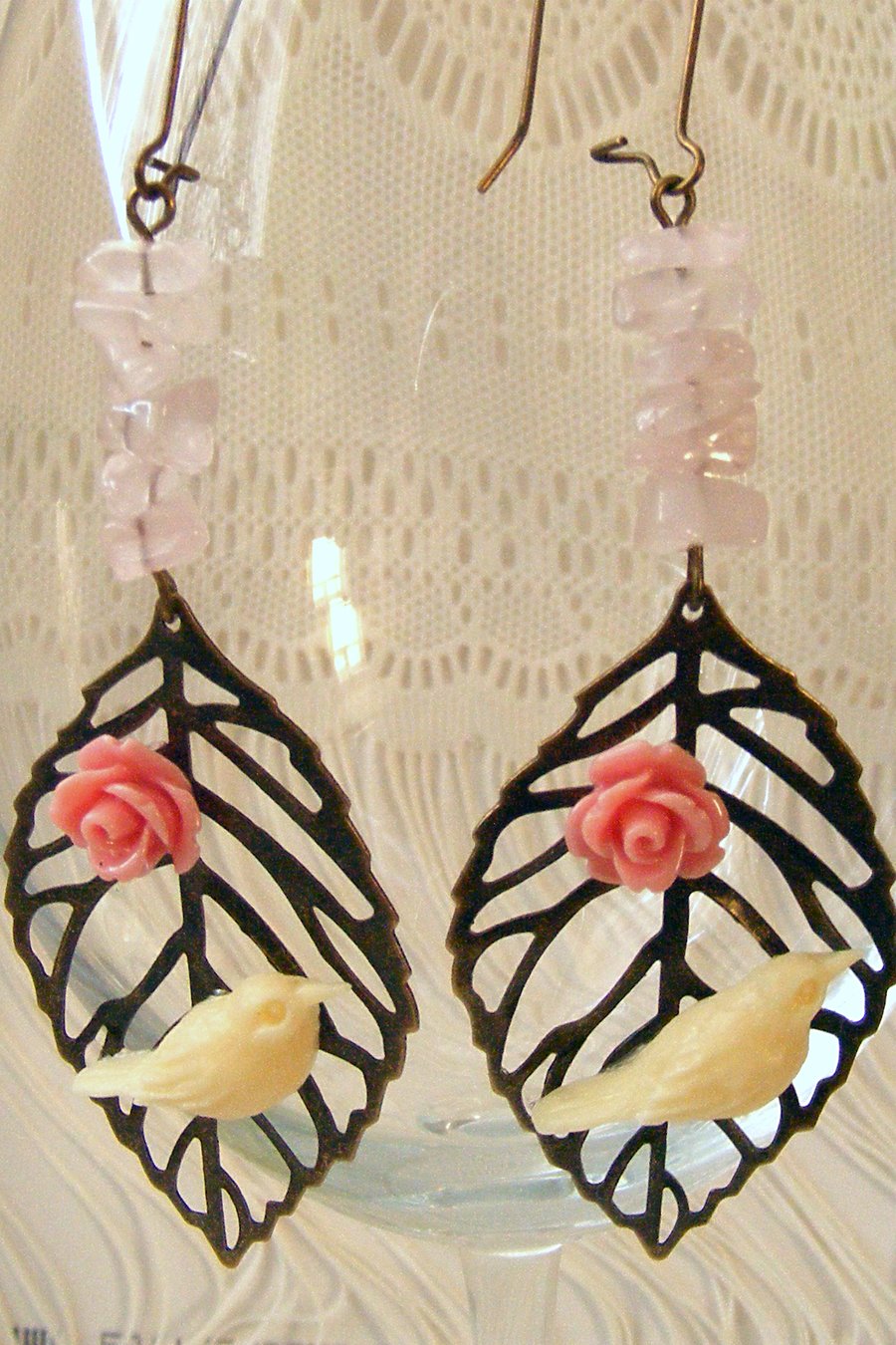 SALE! 50% off! Long Earrings with Rose Quartz and Bird & Rose Cabochons