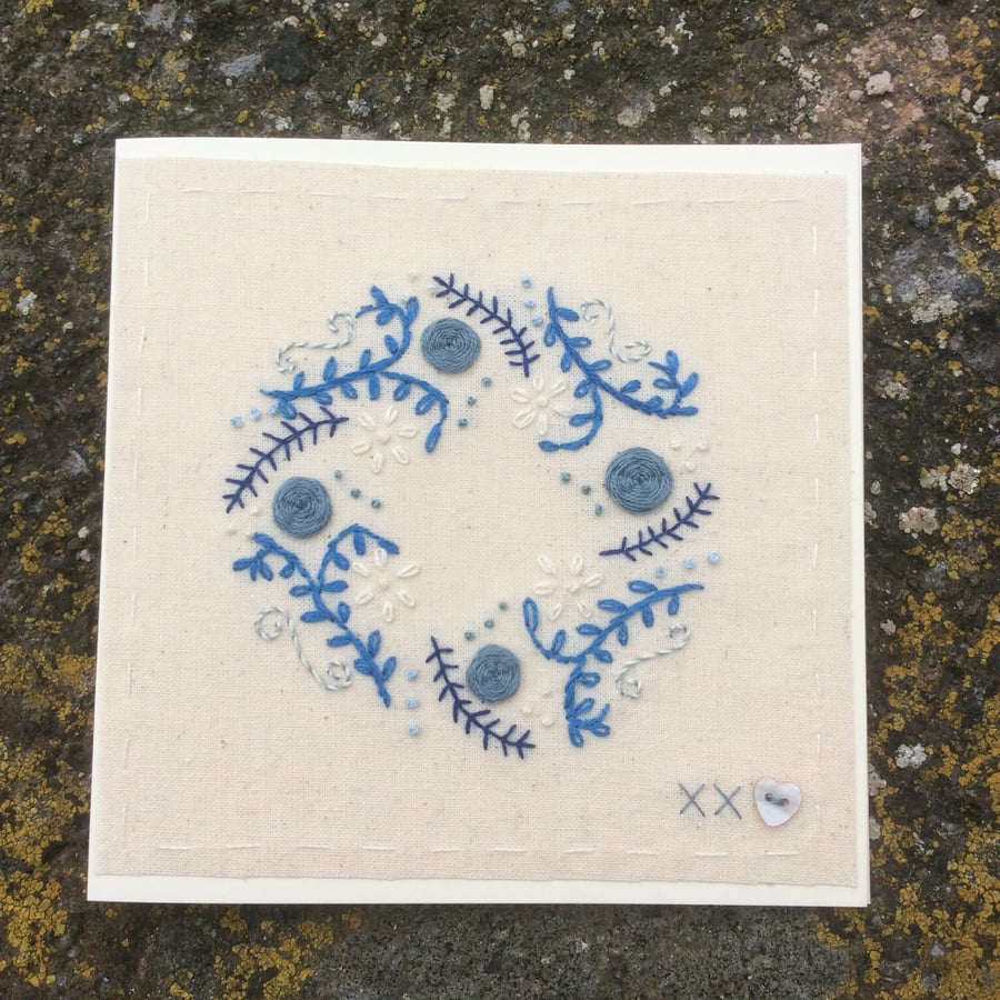 Blue floral wreath hand embroidered card