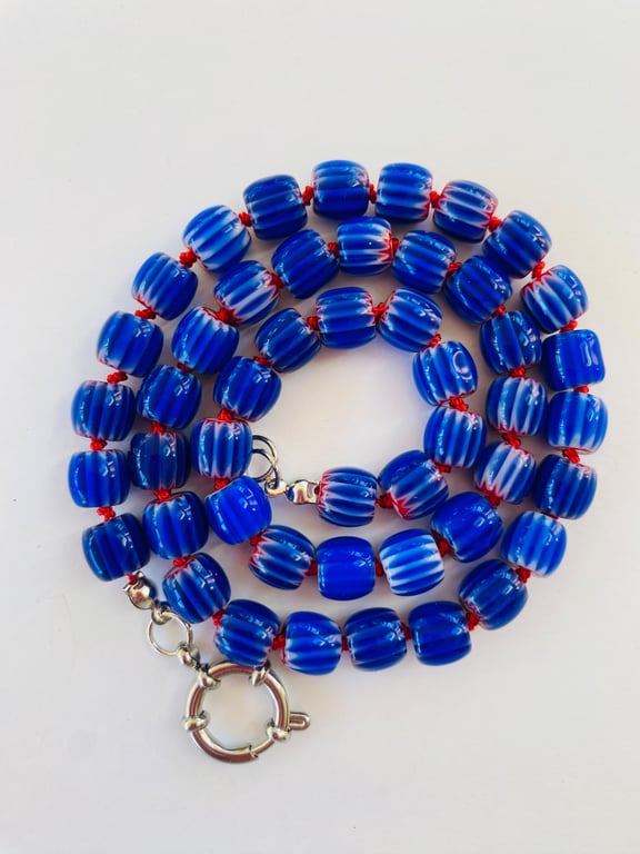 Hand knotted Electric blue barrel beaded necklace 