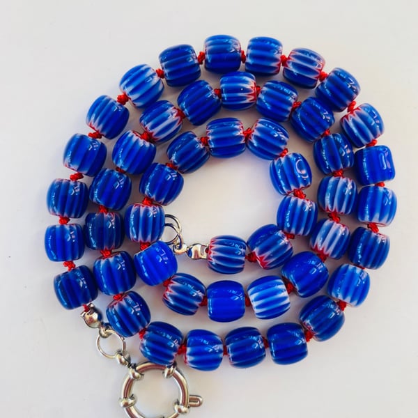 Hand knotted Electric blue barrel beaded necklace 
