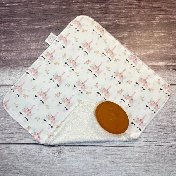 Organic Bamboo Cotton Wash Face Cloth Flannel Floral Crown White Unicorn