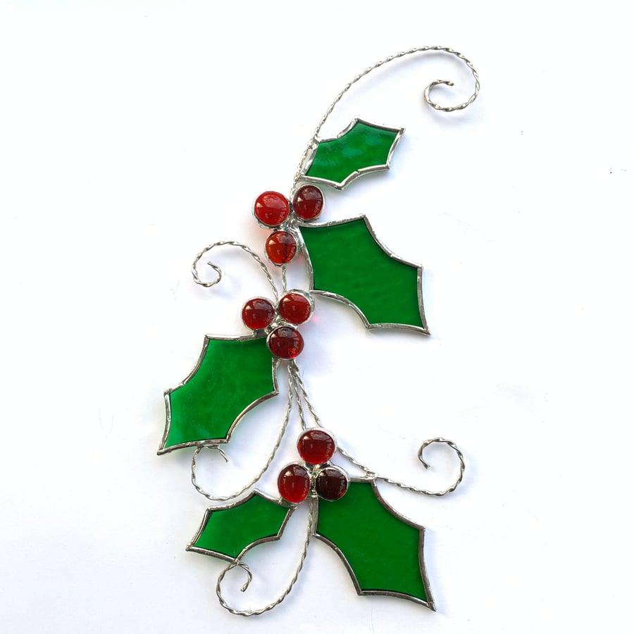 Stained Glass Holly Sprig Suncatcher - TO ORDER
