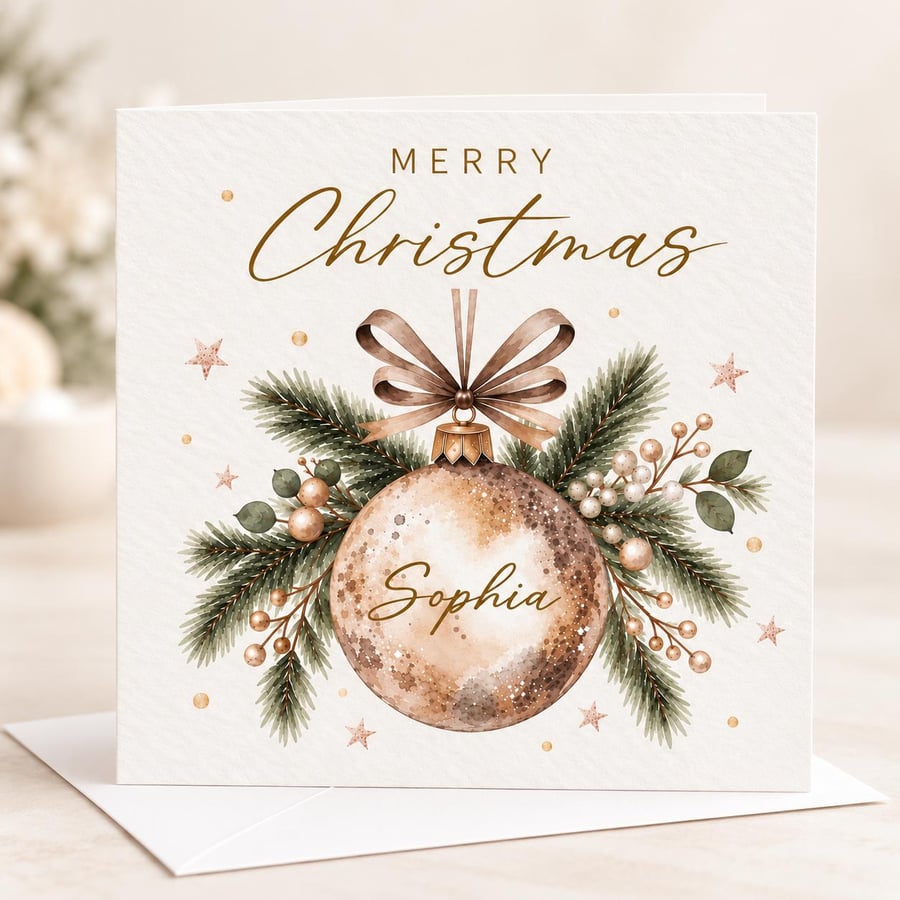 Personalised Christmas Card, Gold Bauble Christmas Card, Custom Name Card