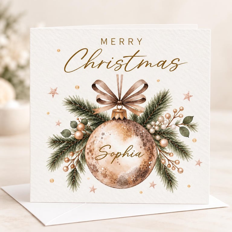 Personalised Christmas Card, Gold Bauble Christmas Card, Custom Name Card