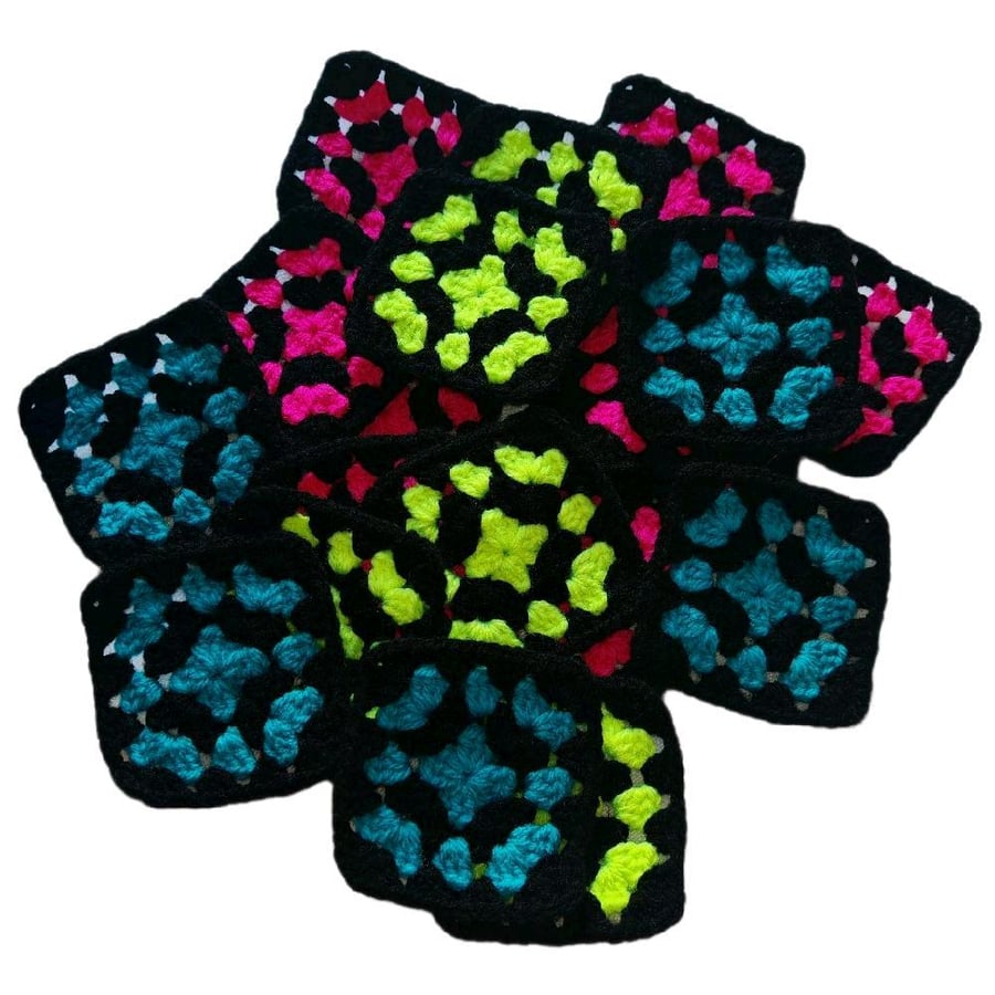 Neon Crochet Granny Squares Handmade Patches for Boho Crafts