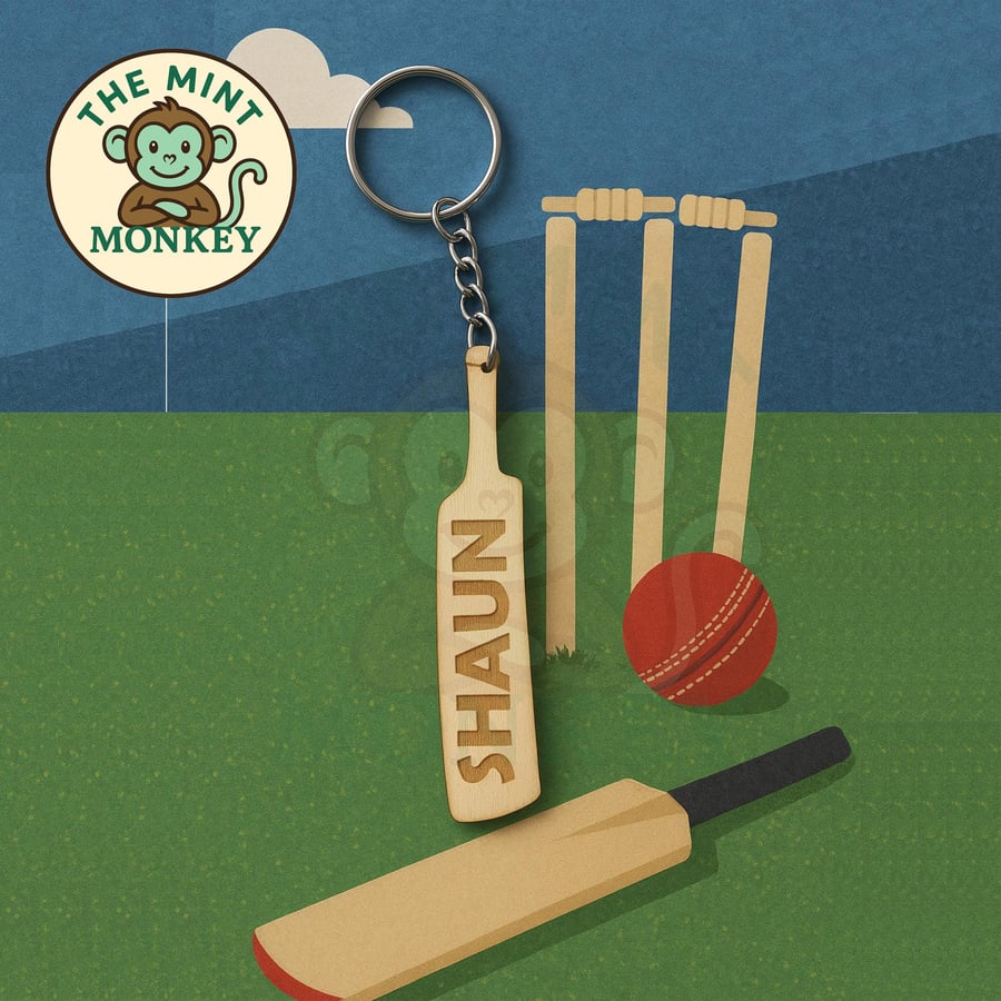Personalised Cricket bat keychain, handmade engraved gift, birthday, sport