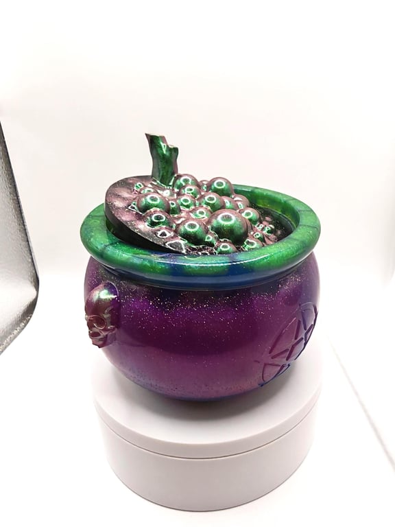 Witchy Galaxy Cauldron: Glow-in-the-Dark Resin Jewelry Box- Halloween Decor
