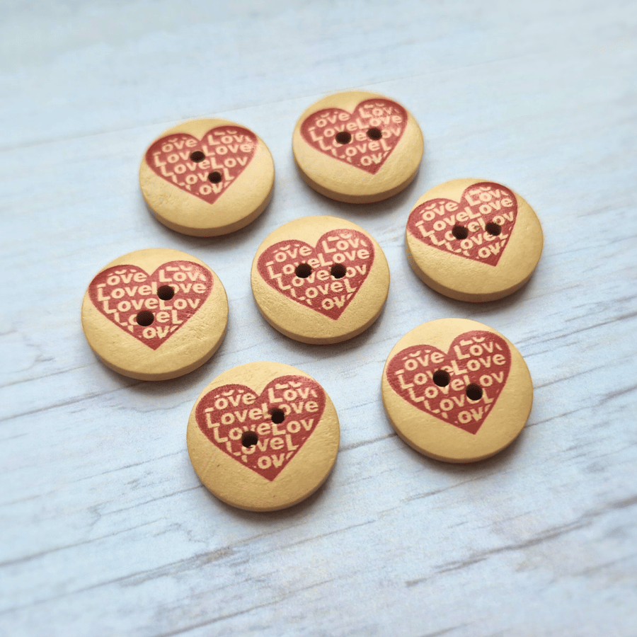 5 x Wooden Buttons - 20mm Heart and Love Pattern