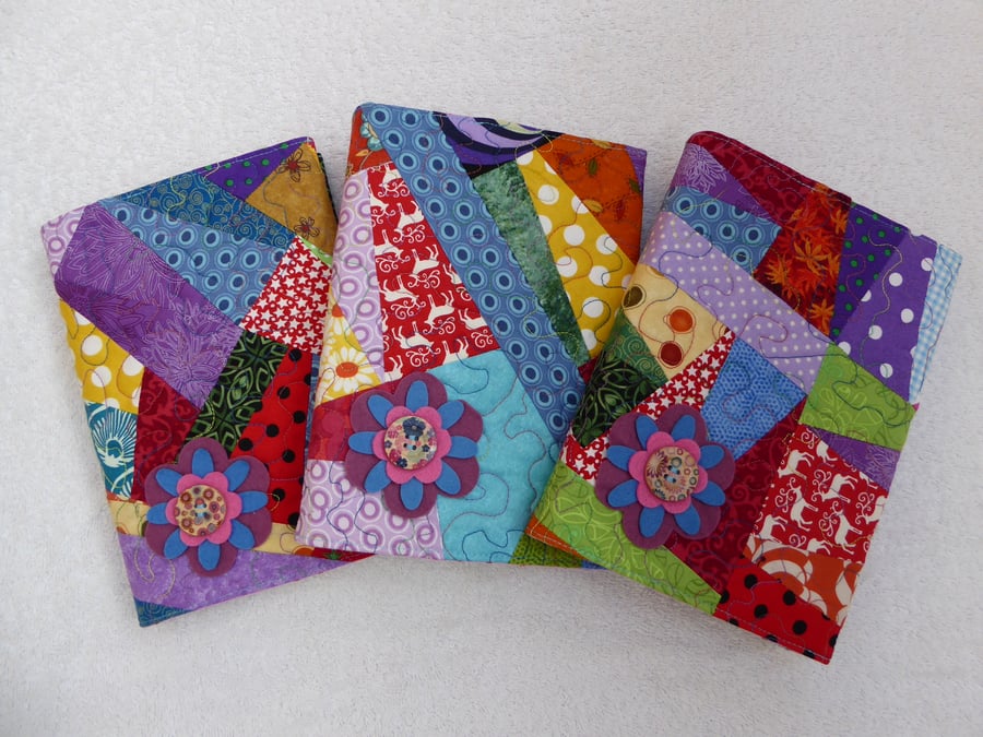 Quilted Patchwork A5 Bookcover with Felt Flower Embellishment. Lined Notebook.