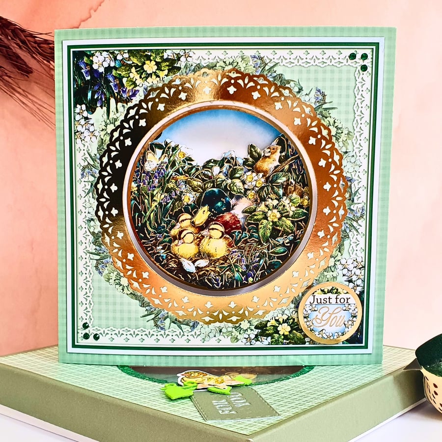 Green 3D Decoupage keepsake card with duck & ducklings in a box, Just For You
