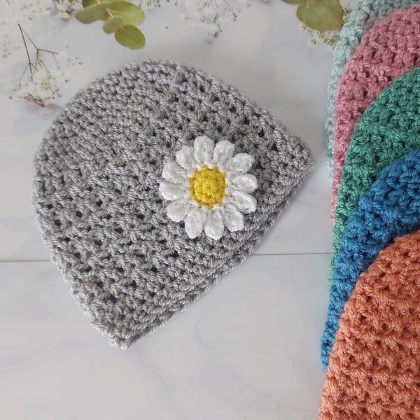 Silver Newborn Crochet Baby Daisy Beanie Hat, Ready to Post 