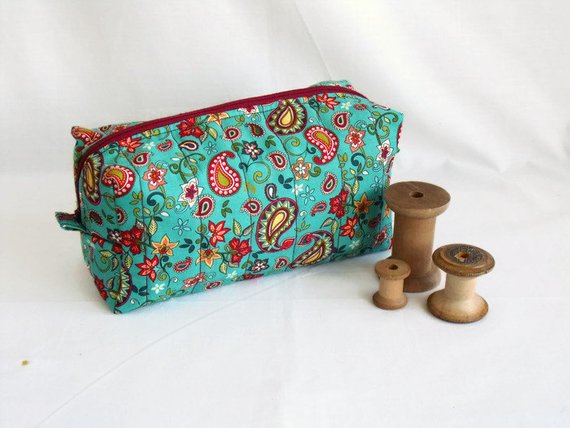 turquouise zipped boxy make up pouch, pencil case or crochet hook case