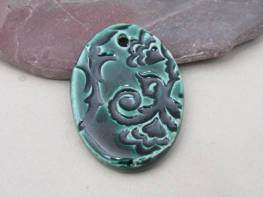 Large Emerald Green Brocade Ceramic Pendant