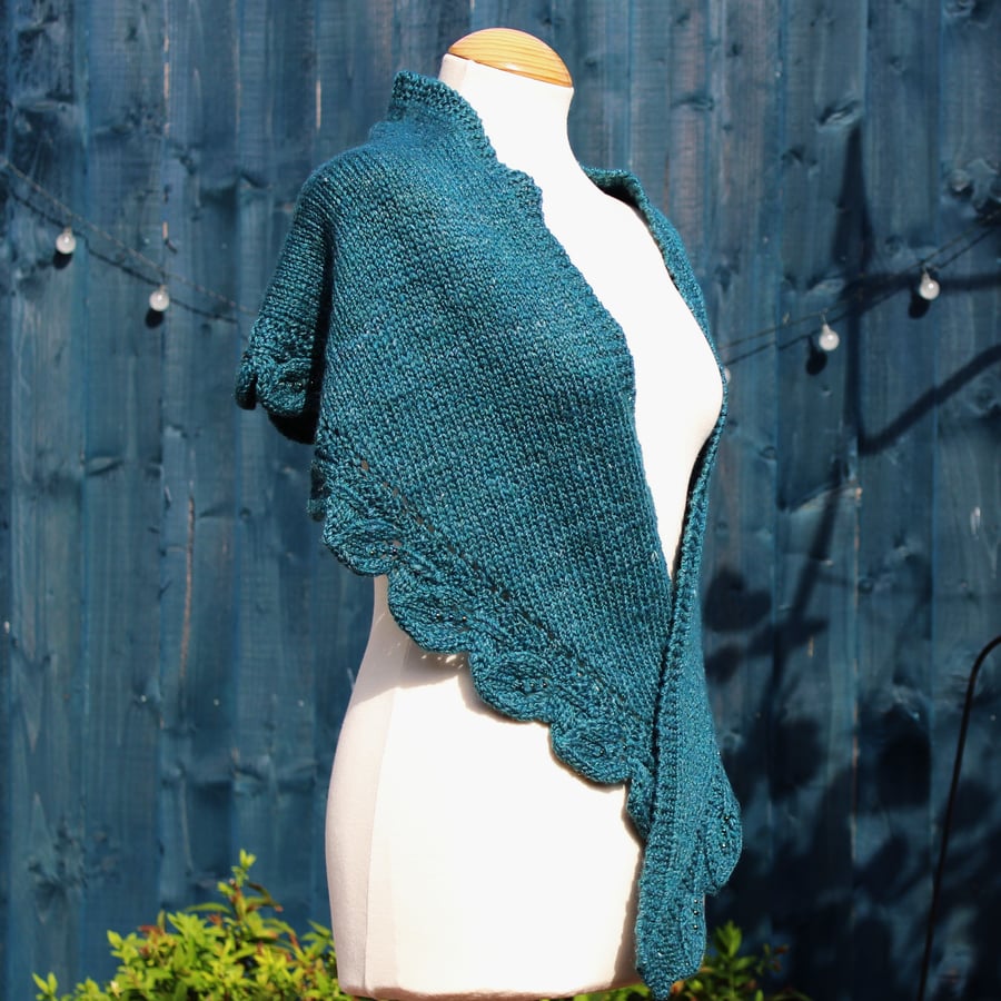 Hand knit beaded leaf edged scarf in teal Merino and Silk - Design W187