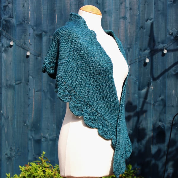 Hand knit beaded leaf edged wrap in teal Merino and Silk - Design W187
