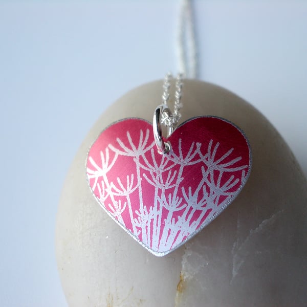 Red heart pendant with silver dandelion clock print 