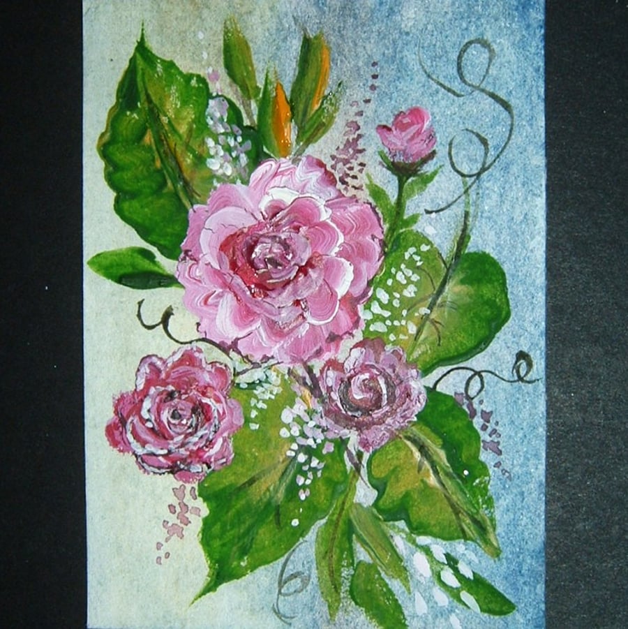 roses floral flower art painting original aceo ref 103