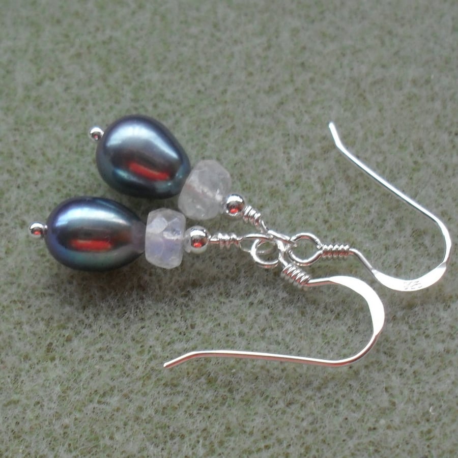 Sterling Silver Peacock Pearls and Moonstone Gemstone Earrings Junes Birthstone