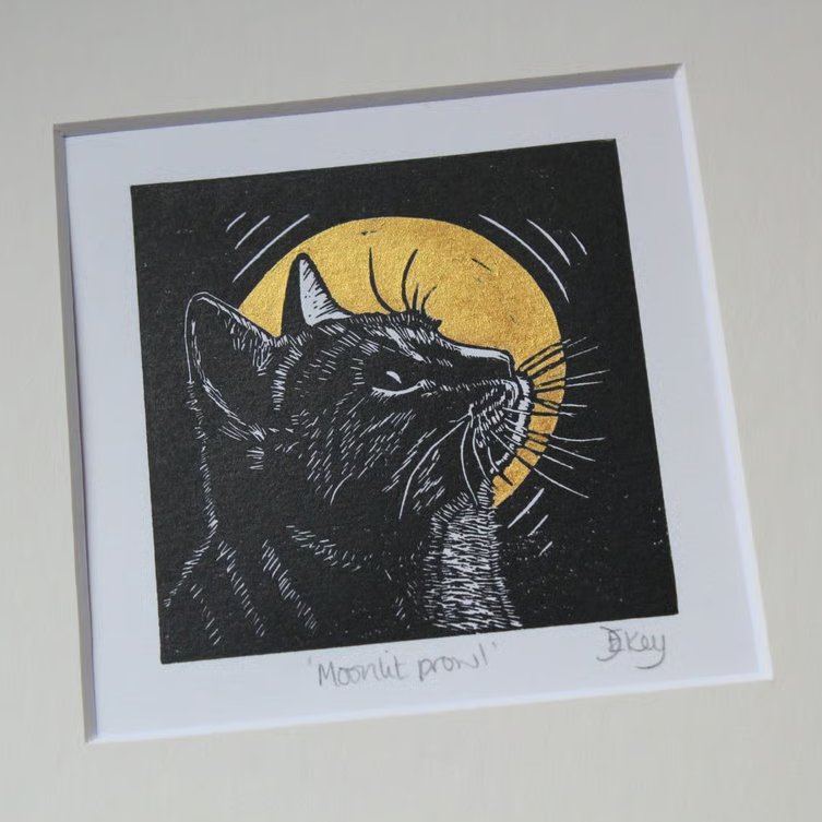 Moonlit prowl - original, hand painted, mounted linocut print of a cat and moon