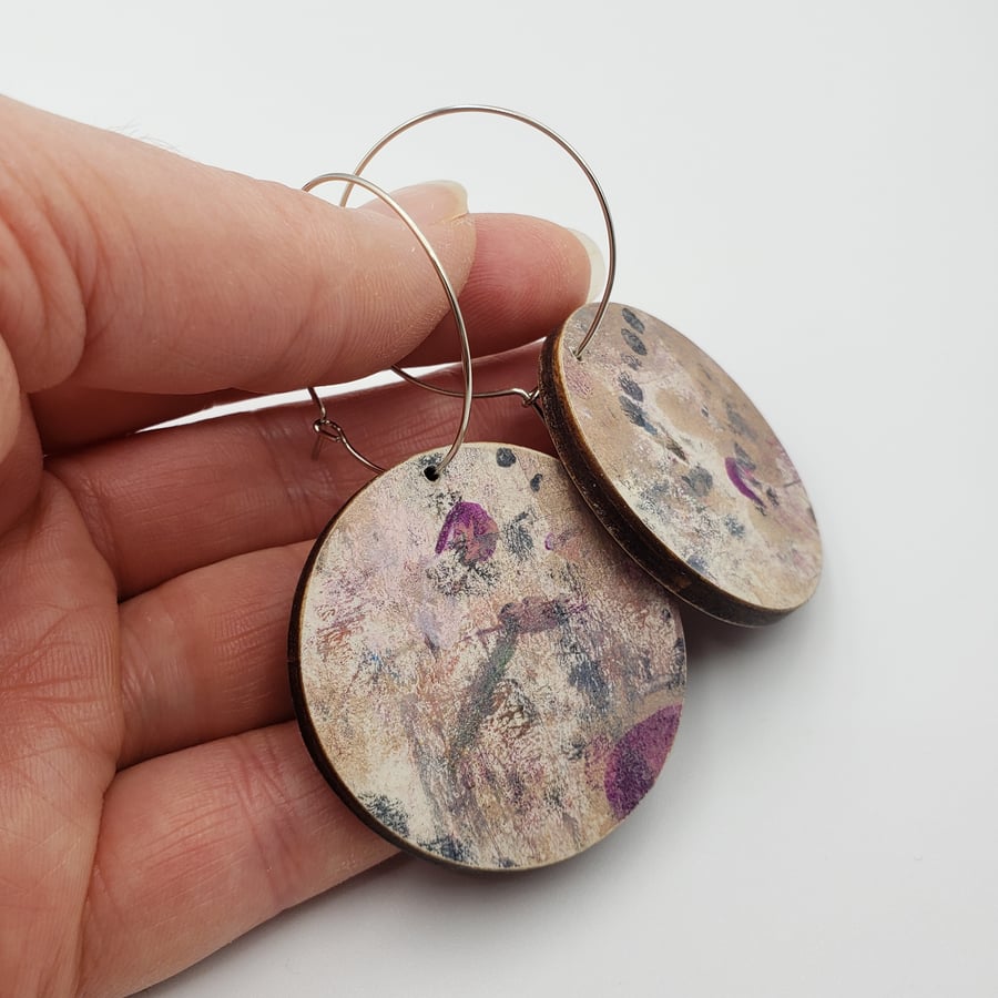 Pretty rose pink, grey and white earrings hand printed