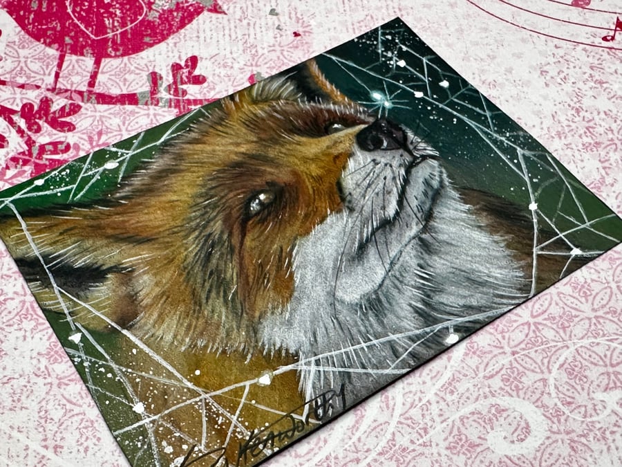 ACEO Original fox and spider 'New friend' By V Kenworthy
