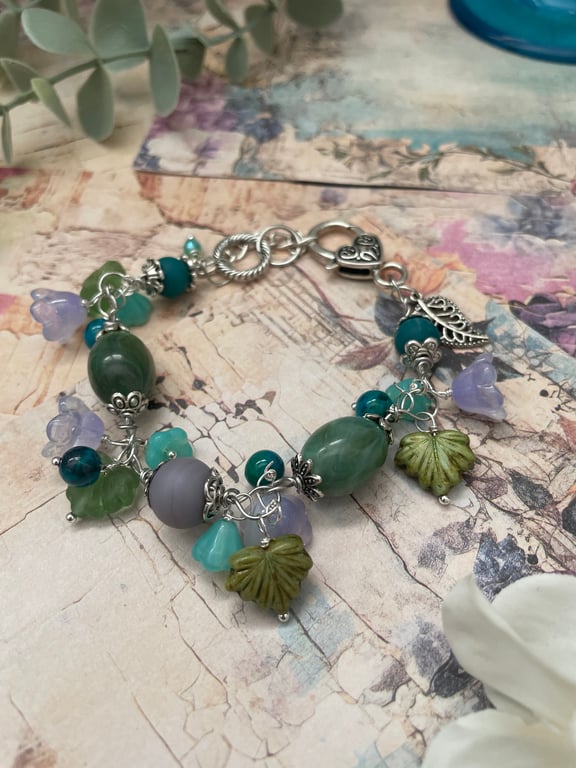 Beaded charm bracelet, Pretty handmade lilac and green floral adjustable gift 