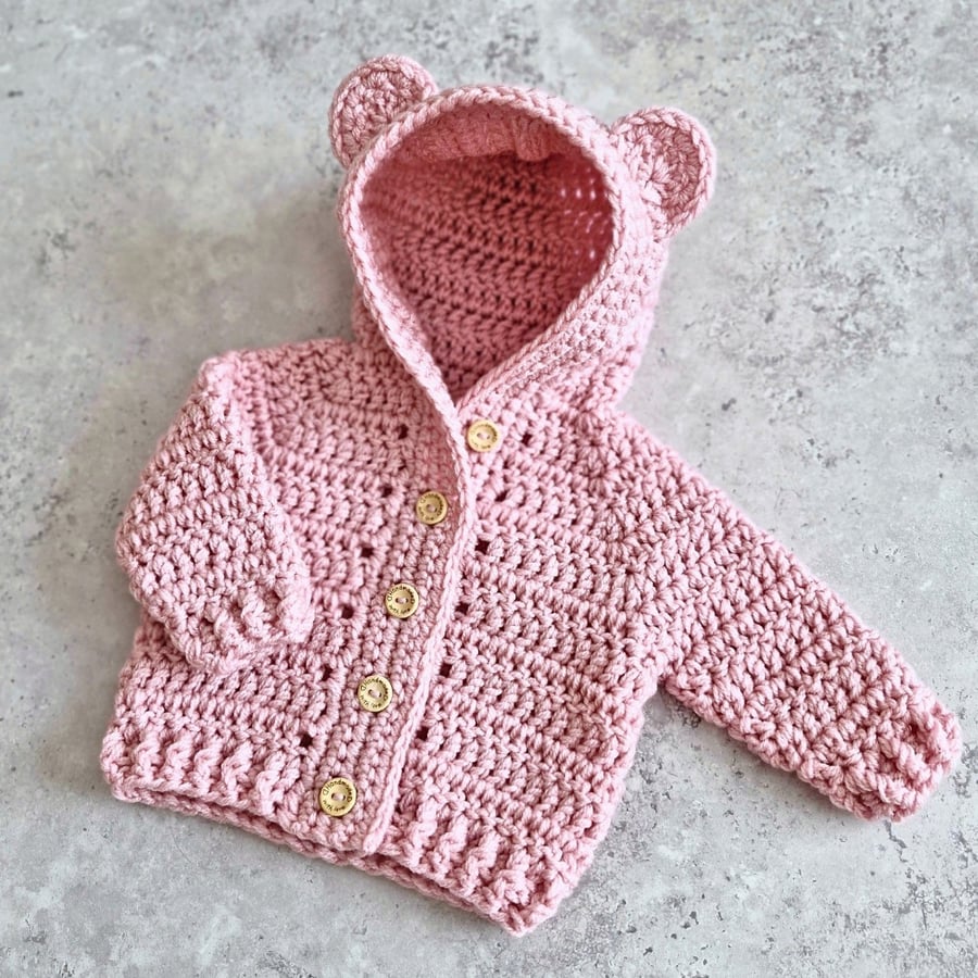 Pink Newborn Crochet Teddy Bear Cardigan with Hood – Handmade Gift