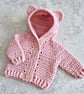Pink Newborn Crochet Teddy Bear Cardigan with Hood – Handmade Gift